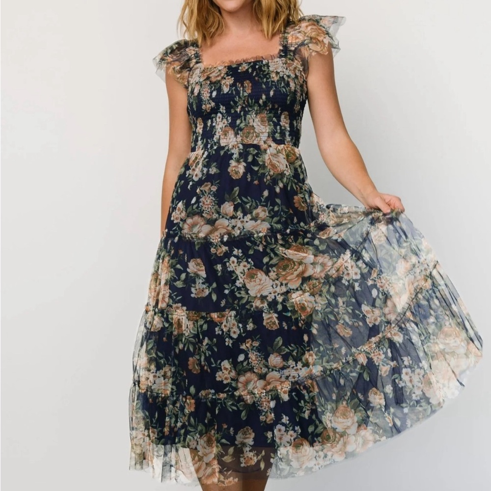NWT Baltic Born Clementine Tulle Midi Dress Blue and Golden Floral